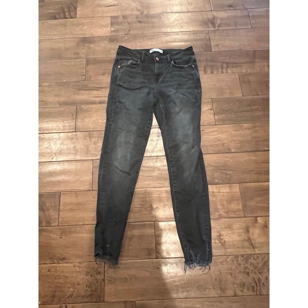 Zara Black Wash Jeans Distressed Hem Skinny Denim Pants‎ Womens Size 6